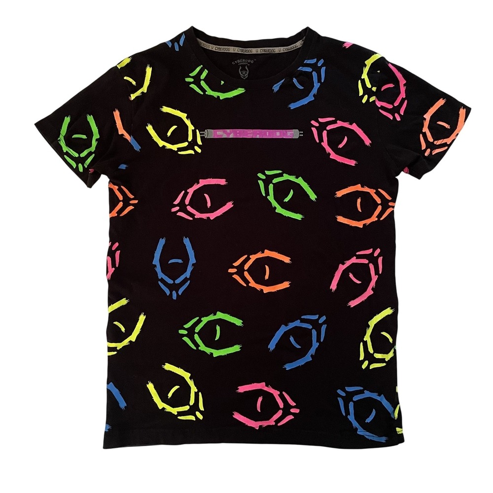 Vtg Cyberdog Neon DNA AOP T Shirt Mens M UV Reactive Rave Blacklight Y2K Techno